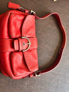 Red Leather Shoulder Bag with Buckle Accent by COACH